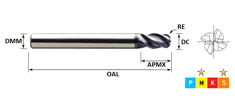 4.0mm 4 Flute Ball Nose Long Series HX2 Carbide End Mill (Plain Shank)